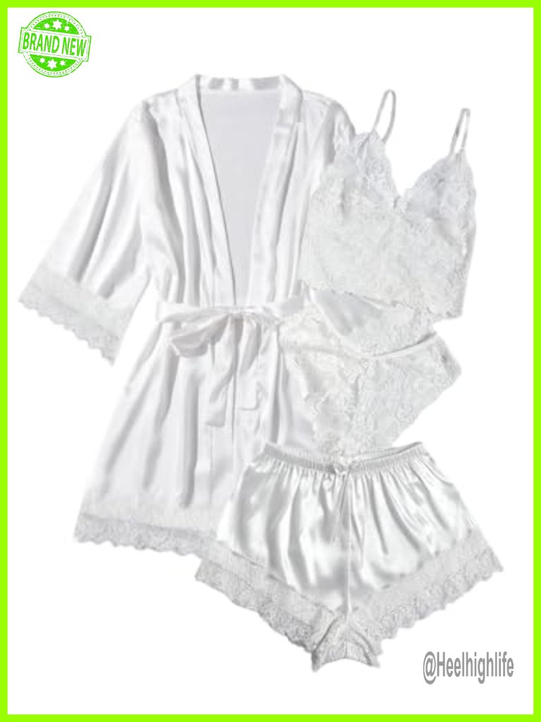Silk Satin Pajamas Set 4pcs Lingerie Floral Lace Cami Sleepwear With Robe